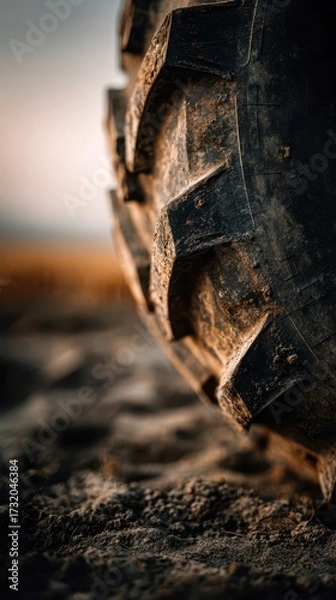 Fototapeta Detailed view of a rugged tractor tire with dirt and mud, resting on dry soil in a rural agricultural setting.
