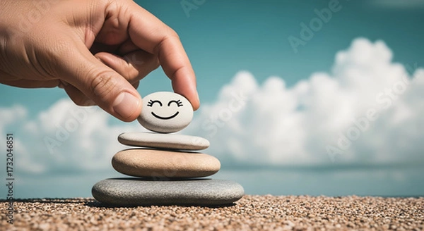 Fototapeta Enjoying Life Concept. Harmony and Positive Mind. Hand Setting Natural Pebble Stone with Smiling Face Cartoon to Balance on Beach Sand. Balancing Body, Mind, Soul and Spirit. Mental Health Practice