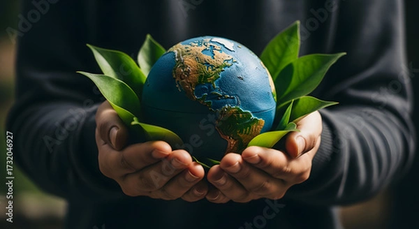 Fototapeta World Earth Day Concept. Green Energy, Renewable and Sustainable Resources. Environmental and Ecology Care. Hand Embracing Green Leaf and Handmade Globe