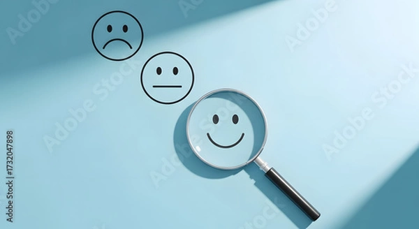 Fototapeta Find joy smiley face icon magnified in glass among sadness. Customer satisfaction and evaluation post-service or marketing survey. Magnifying, satisfaction, reputation depicted.
