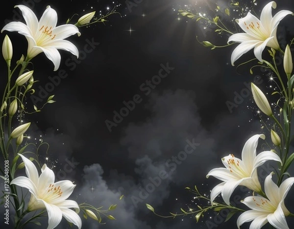 Fototapeta Decorative Frame of Realistic White Lilies with Space for Text