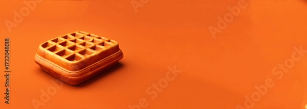 Fototapeta A mouth-watering close-up of a golden Belgian waffle, perfect for a food blog or bakery banner. Belgian waffle orange background copy space. close up food banner waffle