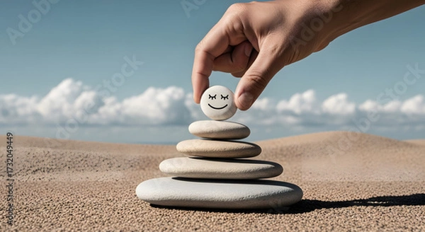 Fototapeta Enjoying Life Concept. Harmony and Positive Mind. Hand Setting Natural Pebble Stone with Smiling Face Cartoon to Balance on Beach Sand. Balancing Body, Mind, Soul and Spirit. Mental Health Practice