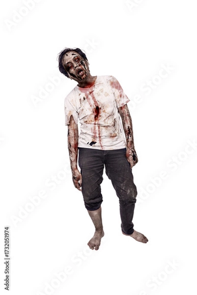 Fototapeta Portrait of a scary male zombie with a wound and blood on the body isolated over a white background. Spooky expression. Concept of Halloween or Horror