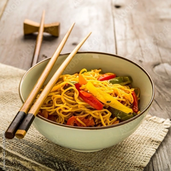 Fototapeta Bowl of stir-fried noodles with peppers