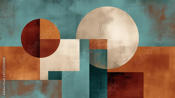 Fototapeta Abstract geometric composition with circles and rectangles in teal and rust tones, modern art design