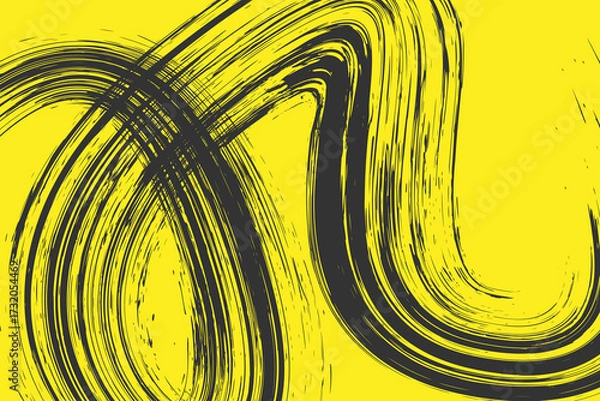 Fototapeta Bold Yellow Abstract Brush Stroke Art With Dynamic Black Curves And Modern Design.
