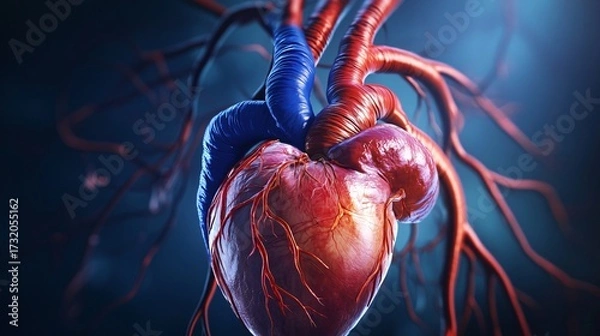 Fototapeta An anatomical illustration of the heart with bright blue and red vessels for creating medical and scientific content