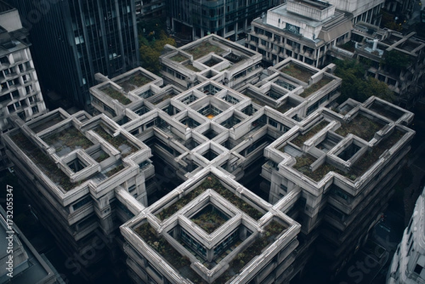 Fototapeta Aerial view of dense urban housing complexes with interlocking concrete blocks in monochrome cityscape