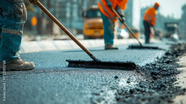 Fototapeta Road construction workers spreading fresh asphalt using rakes