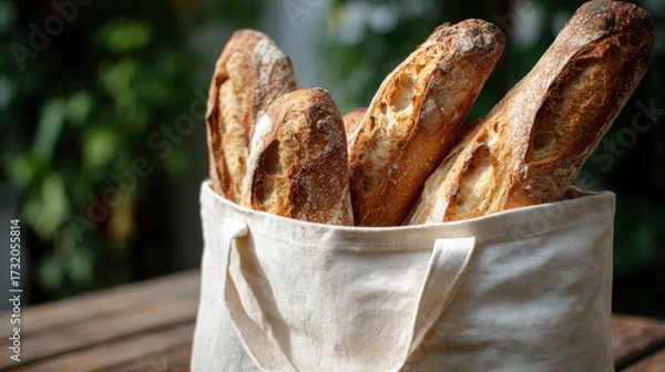 Fototapeta Freshly baked baguettes resting in reusable tote bag on wooden table