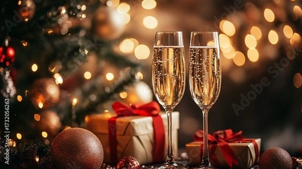 Fototapeta Festive scene champagne in a glass on a table with gold decorations Christmas tree background blurred yellow bokeh lights. Concept of celebrating holidays