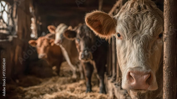 Fototapeta Group of cows eating hay inside barn