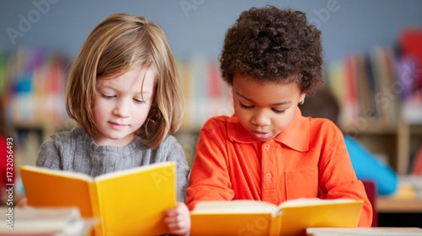 Fototapeta Two young students reading books in the library at school