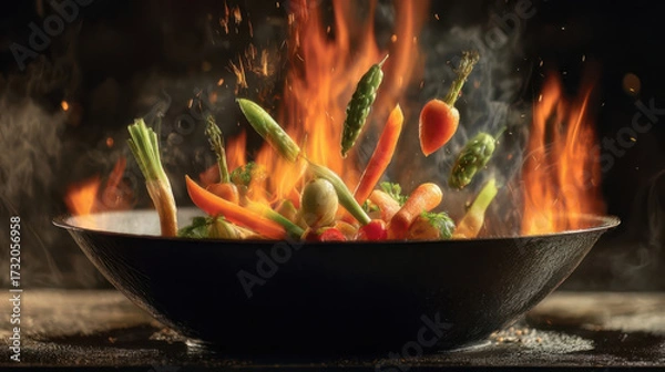 Fototapeta Chef tossing fresh vegetables in fiery wok, creating flavorful stir-fry