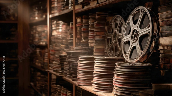 Fototapeta Old film reels and boxes filling shelves in archive