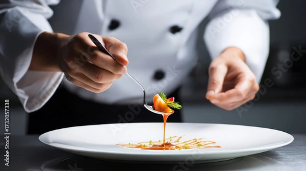 Fototapeta Chef plating elegant gourmet dish with orange sauce and garnish