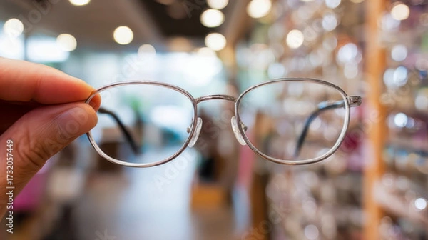 Fototapeta Optician holding eyeglasses in optical store
