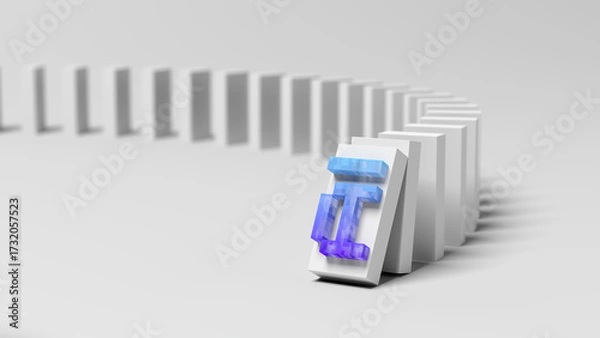 Fototapeta Domino effect. Start. AI text. Artificial intelligence. Blue and violet color. Pixel. Glassmorphism. 3d illustration.
