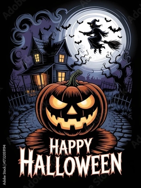 Obraz Vintage Halloween Jack-o'-Lantern with Bats on Transparent Background

