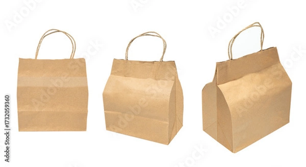 Fototapeta Collection set of blank empty plain brown paper shopping bags on a white background. Mockup, template, or copy space