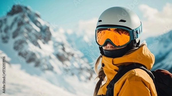Fototapeta A young snowboarder wearing a helmet and goggles in the mountains