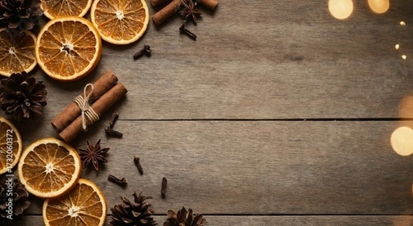 Fototapeta Flat lay dried orange slices with cinnamon and pinecones on rustic background