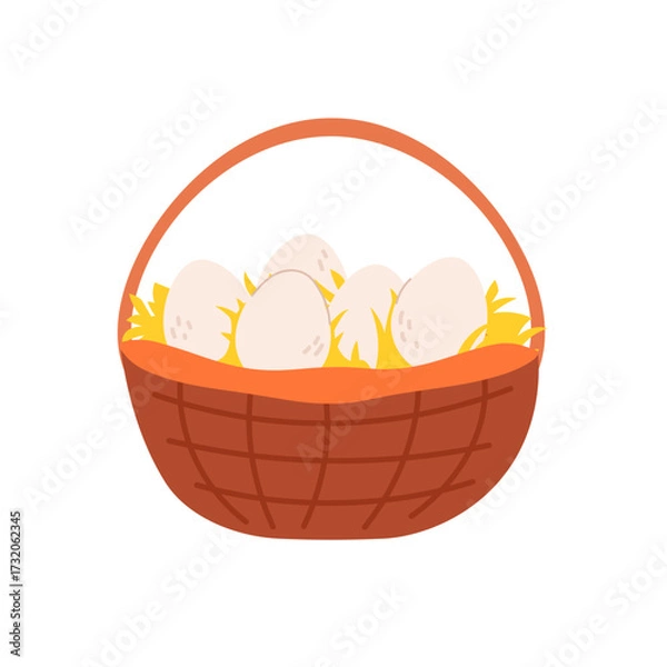 Fototapeta Woven basket with straw and chicken eggs. Vector cartoon flat illustration for toddlers and babies