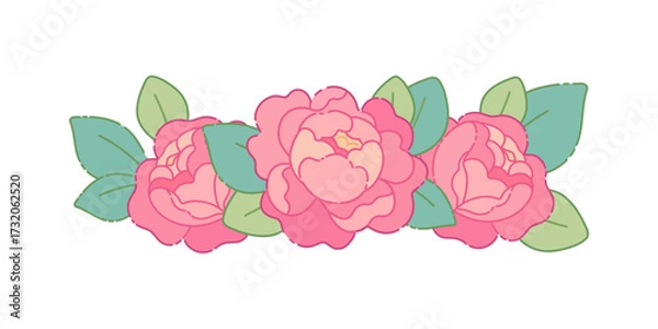Fototapeta Floral vignette with peonies. Floral banner, cute kawaii style, Asian design. Vector isolated element