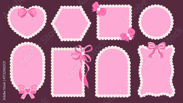Fototapeta Pearl jewelry frames with bows in Coquette aesthetic. Coquettecore photo frames, borders, edging for design