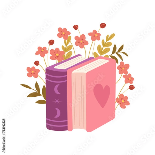 Fototapeta Love story and witch's book, flowering branches from the book. Flat vector illustration on white background