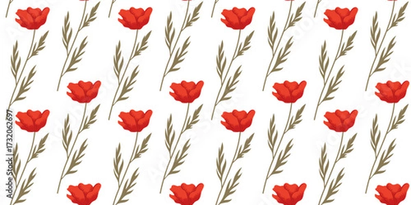 Fototapeta Seamless floral pattern with red poppies on white background. Vector fabric swatch with wildflowers, poppy branches