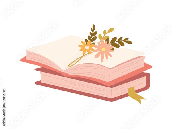 Fototapeta Stack of books and open book with flowers. Blooming books. Flat vector illustration isolated