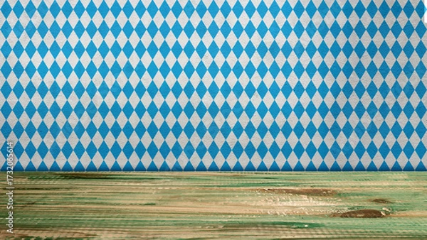 Fototapeta Top view of a blue checkered tablecloth or napkin with a wooden table background. Copy space. Concept of Oktoberfest. Bavarian German culture festival decoration symbol