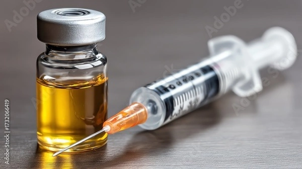 Obraz A close-up of a sterile syringe filled with golden liquid, placed next to a vial