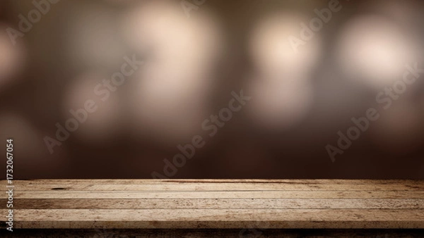 Fototapeta Rustic wooden table surface with blurred brown background. Mockup, template, or copy space. Product display and promotional content