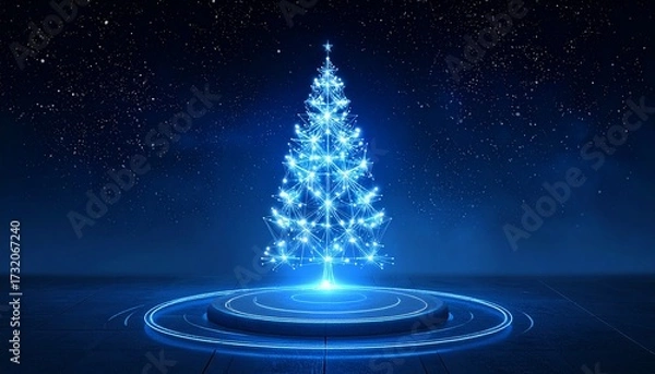 Fototapeta Holographic Christmas Tree on a Glowing Platform Against a Dark Starry Sky
