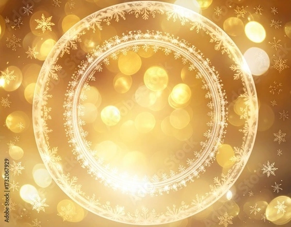Obraz Golden circular frame with snowflakes, bokeh