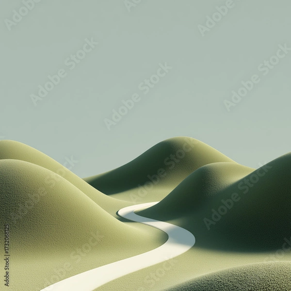 Fototapeta Serene green dunes with winding white path through a soft desert landscape