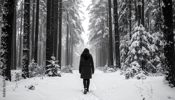 Fototapeta A solitary figure walks a snowy forest path