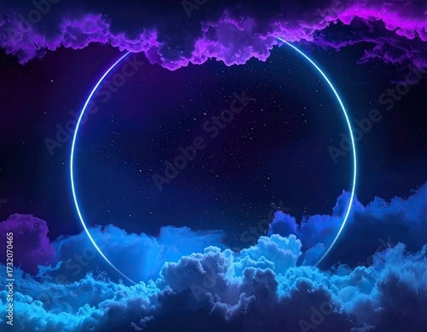 Fototapeta Circular neon frame in starry night clouds