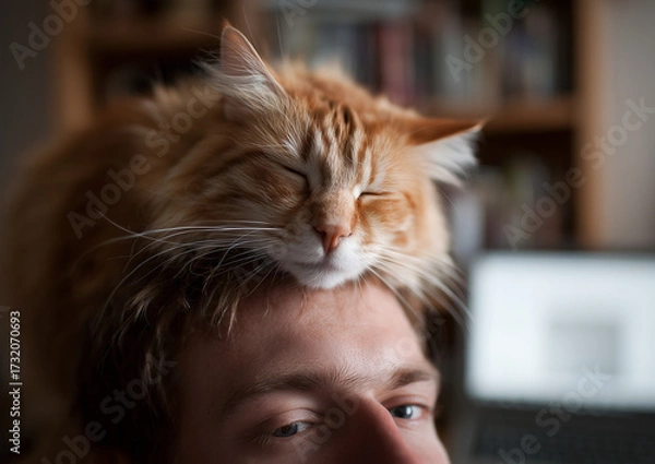 Fototapeta Ai cat rests comfortably on top of man's head while he is working