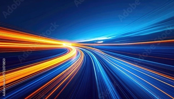 Fototapeta Fast-moving light trails on a curved road