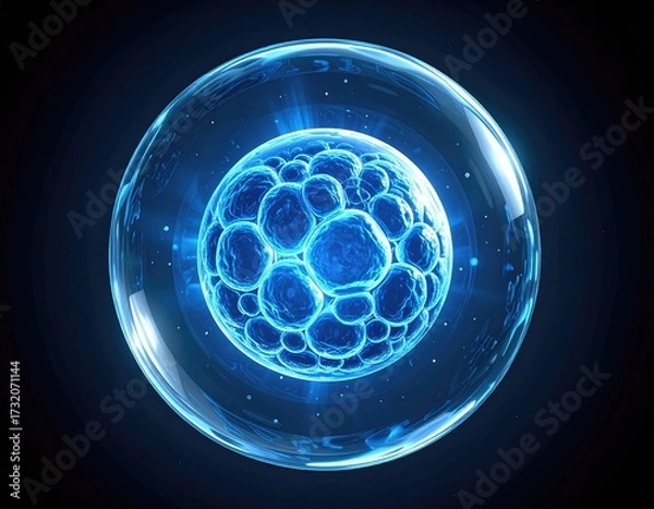 Fototapeta A glowing, blue, spherical cell, encased in a transparent orb