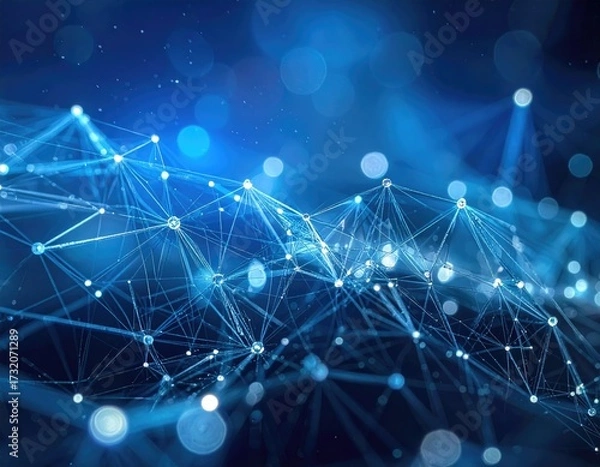 Fototapeta Abstract network of interconnected lines and points on a dark blue background