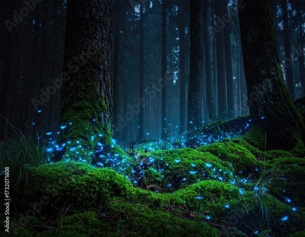 Fototapeta Mystical forest floor glowing with bioluminescent lights