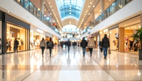 Fototapeta Blurred view of shoppers in a large, modern shopping mall (1)