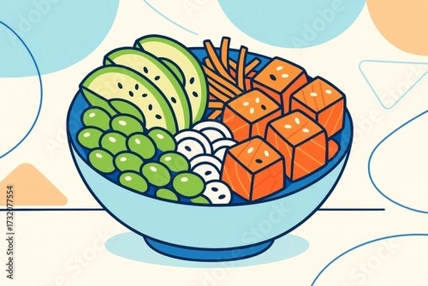 Fototapeta Colorful poke bowl with salmon, avocado, seaweed, and rice balls illustrated in bold lines on a light abstract background. Ai generative. Ai generative