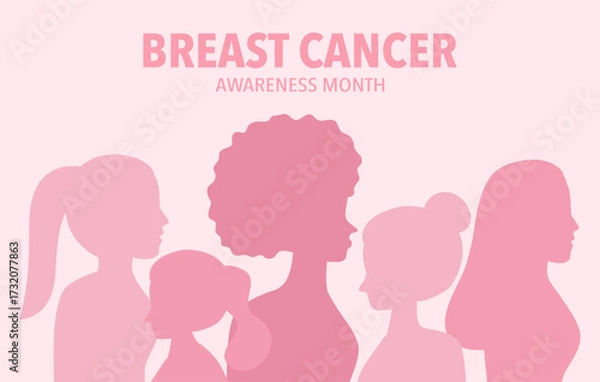 Fototapeta Breast Cancer Awareness Month banner. Silhouette of women in flat design.