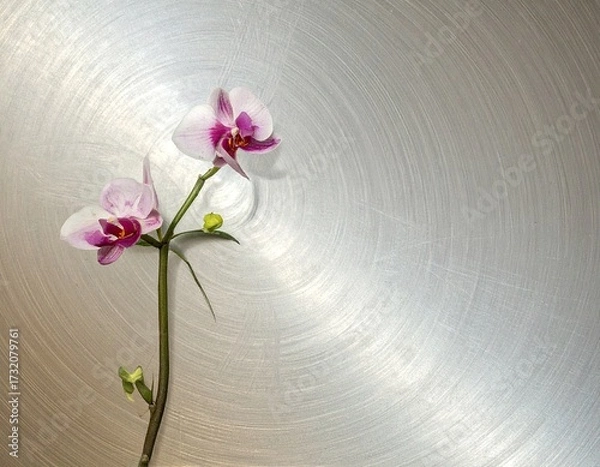 Fototapeta Two pink and white orchids on a brushed metal surface